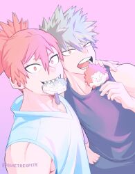 2boys alternate_hairstyle bakugou_katsuki boku_no_hero_academia character_print food food_in_mouth grey_hair hand_in_pocket hand_on_another&#039;s_shoulder highres kirishima_eijirou looking_at_viewer male_focus multiple_boys muscular muscular_male popsicle popsicle_in_mouth quietrespite red_eyes red_hair sharp_teeth spiked_hair tank_top teeth