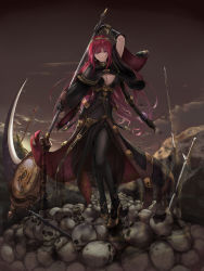 Rule 34 | 1girl, black dress, black gloves, black pantyhose, blue eyes, breasts, cleavage, dress, elbow gloves, floating hair, full body, gloves, hair ornament, high heels, highres, holding, holding weapon, large breasts, long hair, looking at viewer, original, outdoors, pantyhose, pumps, red hair, scythe, shisshou senkoku, skull, smile, solo, standing, sword, very long hair, weapon