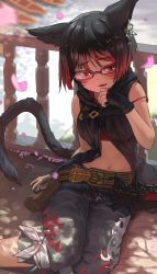 Rule 34 | 1girl, animal ears, warrior of light (ff14), black hair, boat, breasts, cat ears, cat girl, cat tail, cherry blossoms, commission, crystal earrings, earrings, final fantasy, final fantasy xiv, fingerless gloves, glasses, gloves, highres, jewelry, medium breasts, melaton, miqo&#039;te, multicolored hair, navel, red-framed eyewear, red eyes, red hair, river, short hair, single fingerless glove, skeb commission, slit pupils, solo, sword, tail, two-tone hair, watercraft, weapon