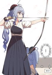 Rule 34 | 1girl, ahoge, archery, arrow (projectile), arrow (symbol), black hakama, blue hair, blush, bow (weapon), brown gloves, commentary, commentary request, curled horns, drawing bow, ganyu (genshin impact), genshin impact, gloves, grey eyes, hair between eyes, hakama, hakama skirt, highres, holding, holding bow (weapon), holding weapon, horns, japanese clothes, kimono, kyuudou, long hair, multiple views, muneate, outstretched arm, partially fingerless gloves, partly fingerless gloves, ponytail, short sleeves, single glove, skirt, thick eyebrows, translation request, very long hair, weapon, white kimono, yugake, yukie (kusaka shi)