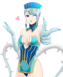 Rule 34 | 10s, 1girl, bad id, bad pixiv id, bare shoulders, blowing kiss, blue eyes, blue hair, blue rose (tiger &amp; bunny), breasts, cleavage, earrings, elbow gloves, female focus, fingernails, fingernails over gloves, gloves, hat, heart, jewelry, karina lyle, kiss, lipstick, makeup, matching hair/eyes, medium breasts, one eye closed, pointing, short hair, simple background, solo, superhero costume, teito-oukoku, tiger &amp; bunny, white background, wink
