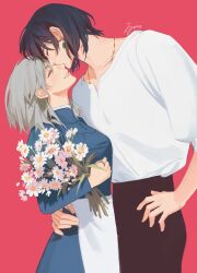 Rule 34 | 1boy, 1girl, apron, black hair, black pants, blue dress, closed eyes, collarbone, dress, drop earrings, earrings, flower, grey hair, hand on another&#039;s waist, hand on own hip, highres, holding, holding flower, howl (howl no ugoku shiro), howl no ugoku shiro, jewelry, jyan512, kiss, medium hair, necklace, pants, red background, ring, shirt, signature, simple background, sophie (howl no ugoku shiro), white apron, white shirt