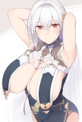 Rule 34 | 1girl, armpits, arms behind head, arms up, azur lane, bad id, bad pixiv id, bare shoulders, blush, braid, breast curtains, breasts, china dress, chinese clothes, cleavage, closed mouth, collarbone, dress, enosan, flower, grey dress, hair between eyes, hair flower, hair ornament, highres, large breasts, looking at viewer, neckwear between breasts, red eyes, revealing clothes, see-through, short hair, side braid, sideboob, sirius (azur lane), sirius (azure horizons) (azur lane), solo, white hair