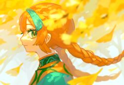 Rule 34 | 1girl, aqua hair, blurry, blurry foreground, braid, closed mouth, dappled sunlight, day, falling leaves, floating hair, from side, ginkgo leaf, green eyes, leaf, light smile, long hair, looking at viewer, multicolored hair, nagomi ( nagomi ), orange hair, original, outdoors, portrait, sideways glance, solo, streaked hair, sunlight, twin braids, yellow leaves