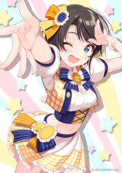 Rule 34 | 1girl, ;d, arms up, black hair, blue eyes, breasts, frilled skirt, frills, green eyes, hair ornament, hair ribbon, highres, hololive, idol, looking at viewer, medium breasts, midriff, navel, one eye closed, oozora subaru, open mouth, reaching, reaching towards viewer, ribbon, shigure ui, short hair, skirt, smile, solo, star (symbol), very short hair, virtual youtuber