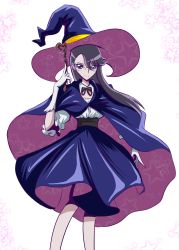 Rule 34 | 10s, 1girl, absurdres, arudebido, black hair, blue eyes, cape, dress, expressionless, glasses, gloves, hat, heartcatch precure!, highres, long hair, looking at viewer, precure, purple dress, purple hat, solo, standing, tsukikage yuri, wand, white background, white gloves, witch hat