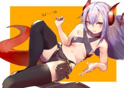 Rule 34 | 1girl, bikini, black thighhighs, borrowed character, breasts, dragon tail, facial mark, halterneck, halterneck, highres, horns, kumonji aruto, long hair, lying, on side, original, pointy ears, purple hair, red eyes, small breasts, solo, swimsuit, tail, thighhighs, thighs