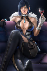 Rule 34 | 1girl, black hair, breasts, center opening, cleavage, collar, couch, crossed legs, cup, diagonal bangs, drinking glass, ear piercing, female focus, fingerless gloves, genshin impact, glass, gloves, green eyes, highres, holding, lips, long hair, looking at viewer, mole, mole on breast, nail polish, on couch, piercing, sitting, solo, thick thighs, thighs, wine glass, wtparadise, yelan (genshin impact)