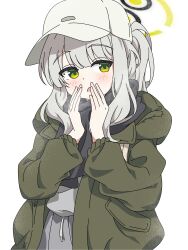 Rule 34 | 1girl, absurdres, black scarf, blue archive, blush, green eyes, green jacket, grey hair, grey shirt, halo, hare (blue archive), hare (camp) (blue archive), hat, highres, hood, hood down, hooded jacket, jacket, long hair, long sleeves, looking at viewer, mangyu0111, official alternate costume, open mouth, ponytail, scarf, shirt, simple background, solo, upper body, white background, white hat