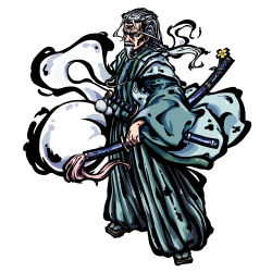 Rule 34 | 1boy, antenna hair, beard, blue eyes, chinese commentary, commentary request, facial hair, findzhenxin, floating, floating hair, flower, full body, geta, green hakama, green kimono, grey hair, hakama, hakama pants, half-closed eyes, highres, hitodama, hitodama print, holding, holding sheath, holding sword, holding weapon, japanese clothes, katana, kimono, konpaku youki, long hair, long sleeves, looking at viewer, low ponytail, male focus, mustache, old, old man, pants, pom pom (clothes), scabbard, sheath, sheathed, sideways glance, simple background, solo, standing, sword, tabi, tassel, touhou, wakizashi, weapon, white background, wide sleeves, wrinkled skin, yellow flower