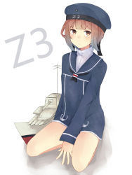 Rule 34 | 10s, 1girl, beret, blush, brown eyes, brown hair, character name, clothes writing, hat, kantai collection, looking at viewer, personification, sailor collar, sailor hat, short hair, solo, swon (joy200892), xun mie, z3 max schultz (kancolle)