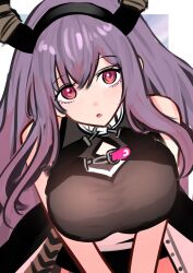 1girl :o arknights bare_shoulders black_hairband black_horns breasts brown_shirt commentary hair_between_eyes hairband highres horns large_breasts long_hair looking_at_viewer nikaidou_tetsuo o-ring open_mouth pink_eyes purple_hair shirt sleeveless sleeveless_shirt solo typhon_(arknights) v_arms