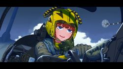 Rule 34 | 1girl, blue eyes, blue sky, cloud, cockpit, commentary, erica (naze1940), gloves, highres, letterboxed, mask, unworn mask, military, military uniform, original, red hair, sky, solo, uniform