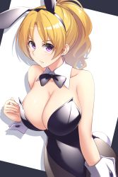 Rule 34 | 1girl, animal ears, black bow, black bowtie, black leotard, black pantyhose, blonde hair, bow, bowtie, breasts, cleavage, commentary request, detached collar, highres, idolmaster, idolmaster cinderella girls, kiryu tsukasa (idolmaster), large breasts, leotard, long hair, looking at viewer, pantyhose, pataneet, playboy bunny, ponytail, purple eyes, rabbit ears, rabbit tail, solo, tail, traditional bowtie, wrist cuffs