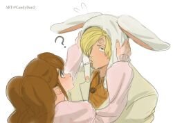 Rule 34 | 1boy, 1girl, ?, absurdres, animal ear headwear, blonde hair, blue eyes, blush, brown hair, charlotte pudding, cigarette, couple, curly eyebrows, facial hair, fake animal ears, formal, hat, highres, long hair, looking at another, one piece, puffy sleeves, rabbit ears, rita ya, sanji (one piece), short hair, suit, twintails