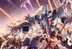Rule 34 | autobot, badge, cyclonus, drift (transformers), explosion, fighting, glowing, glowing eyes, insignia, mecha, no humans, robot, rodimus, science fiction, transformers, ultra magnus, whirl (transformers)