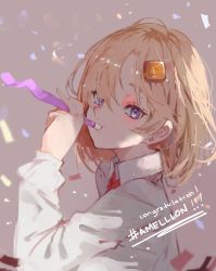 Rule 34 | 1girl, alternate eye color, blonde hair, blush, collared shirt, confetti, dokuro deluxe, from side, grey background, head tilt, highres, hololive, hololive english, in mouth, looking at viewer, medium hair, party whistle, purple eyes, red neckwear, shirt, solo, virtual youtuber, watson amelia, white shirt
