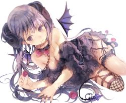 Rule 34 | 1girl, bad id, bad pixiv id, bare shoulders, black dress, blush, breasts, cherry, cleavage, closed mouth, collar, collarbone, commentary request, curled horns, demon girl, demon horns, demon tail, demon wings, detached wings, dress, fingernails, fishnet thighhighs, fishnets, food, fruit, full body, grey collar, highres, horns, jima, md5 mismatch, medium breasts, mini wings, mouth hold, nail polish, off-shoulder dress, off shoulder, original, puffy short sleeves, puffy sleeves, purple eyes, purple hair, purple nails, purple wings, resolution mismatch, short sleeves, simple background, single thighhigh, solo, tail, thighhighs, white background, wings