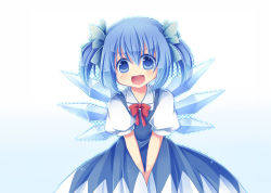 Rule 34 | 1girl, :d, alternate hairstyle, blouse, blue eyes, blue hair, cirno, dress, gradient background, hair between eyes, ice, ice wings, kurosu rino, matching hair/eyes, open mouth, shirt, smile, solo, touhou, twintails, v arms, white shirt, wings