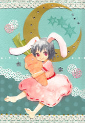 Rule 34 | 1girl, animal ears, barefoot, blush, carrot, dress, heart, highres, inaba tewi, moon, paper cutout, papercraft (medium), rabbit ears, red eyes, solo, taninaka tuna, touhou, unconventional media
