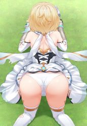 Rule 34 | 1girl, all fours, ass, bare shoulders, blonde hair, boots, cameltoe, dress, feather hair ornament, flower, from behind, genshin impact, hair flower, hair ornament, hajika, highres, huge ass, lumine (genshin impact), panties, shiny skin, short hair with long locks, skirt, skirt flip, solo, thigh boots, thighhighs, top-down bottom-up, torn clothes, underwear, white thighhighs