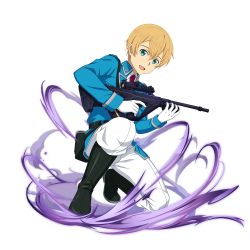 Rule 34 | 1boy, :d, belt, black belt, black footwear, blonde hair, blue gloves, blue jacket, boots, eugeo, full body, gloves, green eyes, gun, hair between eyes, highres, holding, holding gun, holding weapon, jacket, long sleeves, looking at viewer, male focus, military jacket, necktie, official alternate costume, official art, on one knee, open mouth, pants, red necktie, rifle, smile, solo, sword art online, transparent background, weapon, white pants, wing collar
