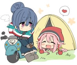Rule 34 | 2girls, ^ ^, black coat, black legwear, blue hair, can, chibi, closed eyes, coat, commentary request, drink can, full body, grass, grey mittens, hair between eyes, hair bun, heart, highres, hizuki yayoi, hood, hoodie, kagamihara nadeshiko, long hair, mittens, motor vehicle, multicolored clothes, multicolored scarf, multiple girls, open mouth, outdoors, pantyhose, pink hair, purple eyes, scarf, scooter, shima rin, shoshinsha mark, simple background, single hair bun, smile, soda can, spoken heart, standing, tent, white background, yurucamp
