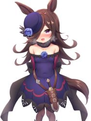 Rule 34 | 1girl, animal ears, arms behind back, bare shoulders, blue flower, blue rose, blush, breasts, brown hair, brown pantyhose, collarbone, commentary request, covered navel, flower, hair over one eye, heavy breathing, highres, horse ears, horse girl, horse tail, long hair, looking at viewer, musouzuki, open mouth, pantyhose, purple eyes, rice shower (umamusume), rose, small breasts, smile, solo, standing, tail, umamusume