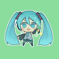 Rule 34 | 1girl, arm up, black skirt, black sleeves, black thighhighs, blue eyes, blue hair, blue necktie, blue trim, blush, chibi, collared shirt, detached sleeves, earpiece, female focus, flat chest, food, full body, green background, grey shirt, hair ornament, happy, hatsune miku, highres, holding, holding food, holding vegetable, legs apart, long hair, long sleeves, looking at viewer, matching hair/eyes, miniskirt, narvi, necktie, open mouth, outline, outstretched arms, pleated skirt, shirt, sidelocks, simple background, sketch, skirt, sleeveless, sleeveless shirt, smile, solo, sparkle, spring onion, standing, thighhighs, twintails, v-shaped eyebrows, vegetable, very long hair, vocaloid, white outline, wide sleeves, zettai ryouiki