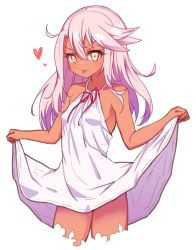 Rule 34 | 1girl, bare shoulders, blush, breasts, chawan (yultutari), chloe von einzbern, closed mouth, clothes lift, collarbone, curtsey, dark-skinned female, dark skin, dress, fate/kaleid liner prisma illya, fate (series), hair between eyes, heart, highres, lifted by self, long hair, looking at viewer, orange eyes, pink hair, simple background, small breasts, smile, solo, thighs, tongue, tongue out, v-shaped eyebrows, white background, white dress