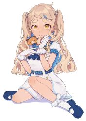 Rule 34 | 1girl, absurdres, arata (user jjxc7843), belt, blonde hair, blue belt, blue bow, blue footwear, bow, dress, frilled socks, frills, gloves, gonzalez (machita chima), hair behind ear, hamster, highres, looking up, machita chima, machita chima (4th costume), nijisanji, simple background, socks, solo, squatting, thick eyebrows, two side up, virtual youtuber, white background, white dress, white gloves, yellow eyes