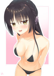 Rule 34 | 1girl, absurdres, arms behind back, bare shoulders, bikini, black bikini, black hair, blush, braid, breasts, cafe stella to shinigami no chou, cleavage, collarbone, commentary request, eyes visible through hair, flower, front-tie bikini top, front-tie top, fumimaru, hair flower, hair ornament, hair over breasts, halterneck, highres, large breasts, leaning forward, long hair, looking at viewer, micro bikini, open mouth, parted lips, pink background, rose, seductive smile, shiki natsume, side braid, sidelocks, simple background, skindentation, smile, smug, solo, standing, stomach, swimsuit, white background, white flower, white rose, yellow eyes