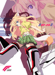 Rule 34 | 1girl, blonde hair, blue eyes, from behind, green skirt, long hair, looking at viewer, looking back, machinery, macross, macross frontier, okiura, outstretched arms, parody, plaid, plaid skirt, pleated skirt, puffy short sleeves, puffy sleeves, sheryl nome, short sleeves, skirt, solo, strike witches, striker unit, thighhighs, very long hair, world witches series, zettai ryouiki, zoom layer