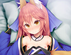Rule 34 | 1girl, aged down, animal ear fluff, animal ears, bare shoulders, blue ribbon, blush, breasts, commentary request, detached collar, fate/extra, fate (series), fox ears, hair between eyes, hair ribbon, haryuu (poetto), highres, japanese clothes, kimono, long hair, lying, nipples, nose blush, off shoulder, on back, pillow, pink hair, ribbon, small breasts, smile, solo, tamamo (fate), tamamo no mae (fate/extra), upper body