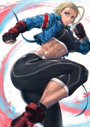 Rule 34 | 1girl, abs, armored gloves, black pants, blonde hair, blue eyes, blue jacket, cammy white, cropped jacket, fingerless gloves, gloves, highres, jacket, midriff, mikel (4hands), pants, red footwear, short hair, solo, sports bra, street fighter, street fighter 6
