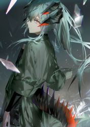 Rule 34 | 1girl, arknights, coat, commentary, cowboy shot, dragon horns, dragon tail, floppy disk, frown, gradient background, grey background, grey coat, grey hair, grey pants, grey theme, hand up, highres, horns, long hair, looking at viewer, looking back, pants, rhine lab logo, s2rid, saria (arknights), sidelocks, solo, tail, yellow eyes