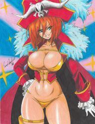 Rule 34 | 1girl, 2021, belly, breasts, cleavage, coat, gloves, hand on own hip, hat, highres, lalaco godspeed, large breasts, medium hair, navel, orange hair, pirate costume, pirate hat, ravernclouk design, smile, solo, thick thighs, thighs, traditional media, uchuu patrol luluco, white gloves