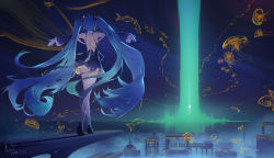 Rule 34 | 1girl, absurdres, aqua hair, bare shoulders, beam, blue footwear, blue hair, building, coin (ornament), detached sleeves, dress, facing away, fish, flying fish, flying whale, from behind, gloves, hair ornament, hatsune miku, highres, horizon, jellyfish, jewelry, long hair, ly.t, night, night sky, outdoors, outstretched arms, reflection, school of fish, shadow, shoes, short dress, sky, sleeve cuffs, solo, spread arms, thighhighs, twintails, very long hair, vocaloid, walking, whale, white gloves, white thighhighs, zettai ryouiki