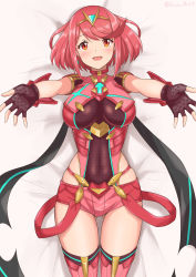 Rule 34 | 1girl, absurdres, black gloves, breasts, chest jewel, earrings, fingerless gloves, gem, gloves, gluteal fold, headpiece, highres, jewelry, large breasts, pyra (xenoblade), red eyes, red hair, red shorts, red thighhighs, ryochan96154, short hair, short shorts, shorts, solo, swept bangs, thighhighs, tiara, xenoblade chronicles (series), xenoblade chronicles 2