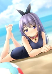 Rule 34 | 1girl, ball, bare arms, bare legs, bare shoulders, barefoot, beach, beachball, bell, black ribbon, blue one-piece swimsuit, blurry, blurry background, blurry foreground, blush, closed mouth, collar, commentary request, day, depth of field, dutch angle, hair ribbon, highres, horns, jingle bell, legs up, long hair, looking at viewer, lying, neck bell, nose blush, ocean, old school swimsuit, on stomach, one-piece swimsuit, original, outdoors, purple eyes, purple hair, red collar, ribbon, sand, school swimsuit, shibacha, soles, solo, swimsuit, water