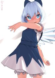 Rule 34 | 1girl, bloomers, blue dress, blue eyes, blue hair, blue nails, bow, breasts, cirno, cowboy shot, dress, eyebrows hidden by hair, hair bow, huxiao (mistlakefront), ice, ice wings, medium hair, nail polish, small breasts, solo, touhou, underwear, white bloomers, wings