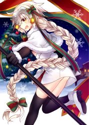 Rule 34 | 1girl, absurdly long hair, ass, bad id, bad pixiv id, bell, black gloves, black thighhighs, blush, bow, braid, brown eyes, capelet, christmas, christmas ornaments, christmas tree, commentary request, dress, elbow gloves, fate/grand order, fate (series), fur-trimmed capelet, fur trim, gloves, green bow, green ribbon, hair bow, headpiece, jeanne d&#039;arc (fate), jeanne d&#039;arc alter santa lily (fate), light brown hair, long hair, looking at viewer, looking back, open mouth, ponytail, profile, ribbon, shoes, single braid, snow, snowflakes, solo, standing, standing on one leg, striped, striped bow, thighhighs, very long hair, white capelet, white dress, white footwear, yimu