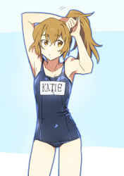Rule 34 | 1girl, alternate hair length, alternate hairstyle, brown eyes, brown hair, catgirl0926, contrapposto, hyakujuu-ou golion, pidge gunderson, pouty lips, school swimsuit, solo, standing, swimsuit, tying hair, voltron: legendary defender, voltron (series)