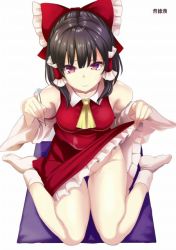 Rule 34 | 1girl, amisu, ascot, bare shoulders, black hair, blush, bow, breasts, closed mouth, clothes lift, detached sleeves, frilled skirt, frills, full body, hair bow, hair tubes, hakurei reimu, lifting own clothes, long hair, long sleeves, looking at viewer, medium breasts, mimikaki, no panties, nontraditional miko, purple eyes, red bow, red shirt, red skirt, shirt, sidelocks, sitting, skirt, skirt lift, sleeveless, sleeveless shirt, smile, socks, solo, tabi, thigh gap, thighs, touhou, wariza, white socks, wide sleeves