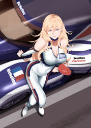 Rule 34 | 1girl, alternate costume, blonde hair, blue eyes, breasts, car, closed mouth, crossed legs, hair between eyes, highres, kantai collection, large breasts, lips, long hair, mole, mole under eye, mole under mouth, motor vehicle, race queen, race vehicle, racecar, racing suit, richelieu (kancolle), shingyou (alexander-13), smile, solo, v-neck, vehicle, white footwear