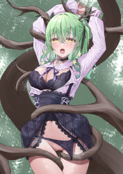 Rule 34 | 1girl, absurdres, antlers, black choker, bound, bound arms, bound wrists, bra, branch, breasts, censored, ceres fauna, ceres fauna (jirai kei), choker, classic (zildjian33), clothes pull, crying, earrings, flower, green hair, hair flower, hair ornament, hair ribbon, highres, hololive, hololive english, horns, jewelry, large breasts, long hair, looking at viewer, medium breasts, mole, mole under eye, mosaic censoring, navel, official alternate costume, open clothes, open shirt, panties, panty pull, pussy, restrained, ribbon, saliva, shirt, skirt, skirt pull, solo, steam, tears, thigh gap, thighs, underwear, virtual youtuber, wet, yellow eyes
