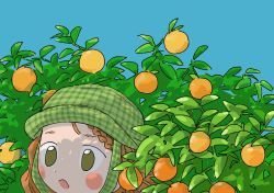 Rule 34 | 1girl, 1nupool, blue sky, blush stickers, braid, brown eyes, chin strap, d:, dappled sunlight, day, dot nose, food, french braid, fruit, fruit tree, furrowed brow, green hat, hat, highres, leaf, looking ahead, no pupils, open mouth, orange (fruit), orange hair, orange tree, original, outdoors, plaid headwear, scenery, sky, solo, sunlight, tree, tree shade