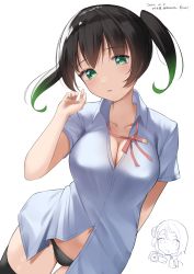 Rule 34 | 2girls, absurdres, arm behind back, artist name, black hair, black panties, black thighhighs, blue shirt, blush, breasts, camera, cellphone, chibi, chibi inset, cleavage, collarbone, collared shirt, commentary, dated, dress shirt, drooling, dutch angle, gradient hair, green eyes, green hair, hand up, head tilt, heart, heart in eye, highres, hirota fruit, holding, holding camera, holding phone, large breasts, looking at viewer, loose neckwear, love live!, love live! nijigasaki high school idol club, mouth drool, multicolored hair, multiple girls, navel, neck ribbon, nijigasaki school uniform, no pants, panties, parted lips, phone, red ribbon, ribbon, school uniform, shirt, short hair, short sleeves, simple background, smartphone, solo focus, standing, stomach, symbol in eye, takasaki yu, thighhighs, twintails, twitter username, two-tone hair, uehara ayumu, underwear, white background