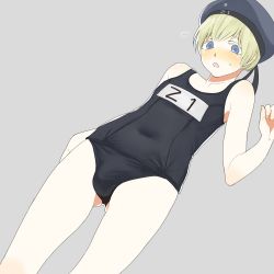 Rule 34 | 1boy, bad id, bad pixiv id, black one-piece swimsuit, black school swimsuit, blonde hair, blue eyes, blush, bulge, covered navel, dutch angle, embarrassed, gender request, genderswap, gluteal fold, grey background, hat, kantai collection, male focus, nejikos, one-piece swimsuit, open mouth, sailor hat, school swimsuit, simple background, solo, swimsuit, trap, z1 leberecht maass (kancolle)