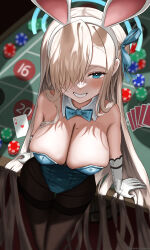 Rule 34 | 1girl, absurdres, ace (playing card), ace of hearts, animal ears, arm support, asuna (blue archive), asuna (bunny) (blue archive), black pantyhose, blue archive, blue bow, blue bowtie, blue eyes, blue halo, blue leotard, blurry, bow, bowtie, breasts, card, cleavage, collar, depth of field, detached collar, dubeaduver, fake animal ears, feet out of frame, from above, grin, hair over one eye, halo, heart, highleg, highleg leotard, highres, indoors, large breasts, legs, leotard, light brown hair, long hair, looking at viewer, mole, mole on breast, one eye covered, open mouth, pantyhose, perspective, playboy bunny, playing card, poker chip, poker table, sidelocks, smile, solo, standing, strapless, strapless leotard, swept bangs, table, teeth, thighband pantyhose, very long hair, white collar